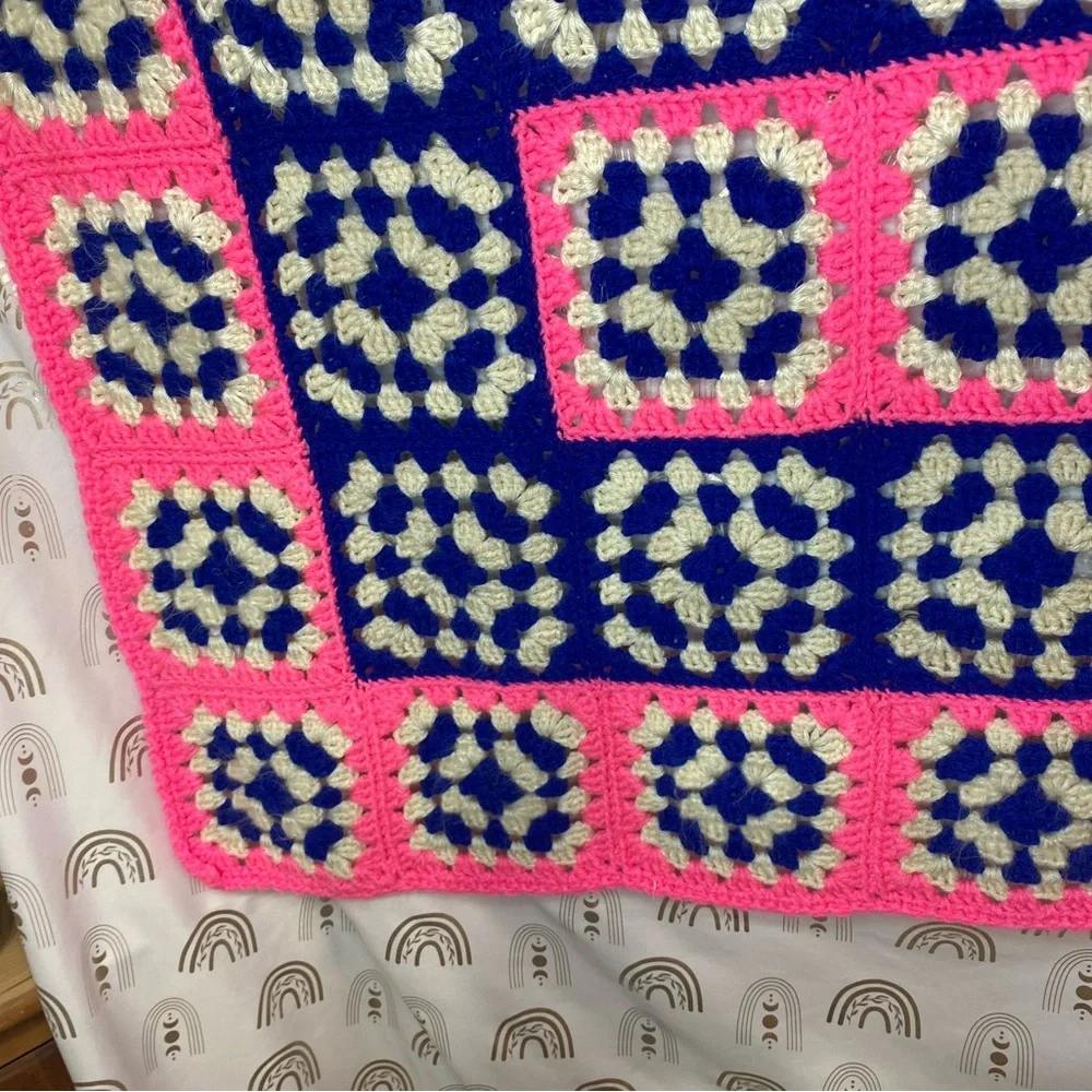 Handmade Pink and Blue Crochet Throw Blanket